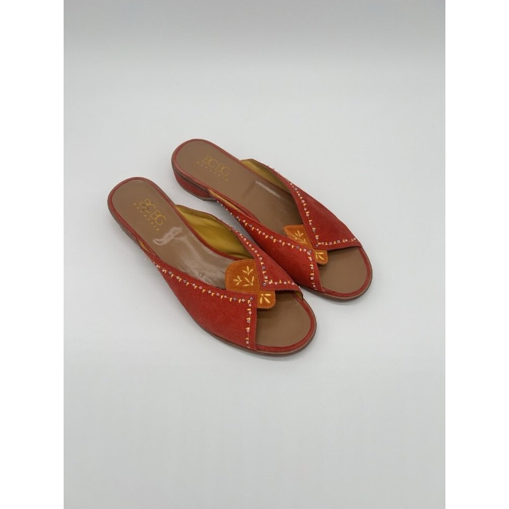 BCBG Max Azria Suede Sandals – Red Embroidered Beaded Slides – Size 8.5